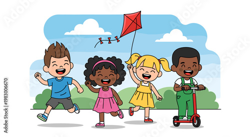 A diverse group of happy children playing together outdoors with a kite and a scooter on a sunny day.