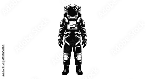 A detailed illustration of an astronaut in a spacesuit starkly presented as a silhouette