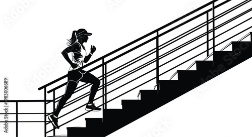 Woman Running Upstairs, Fitness Training, Endurance Workout, Athletic Exercise, Silhouette of Runner