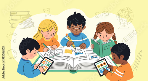 Diverse group of young children collaborating and learning together around a large open book, using tablets and drawing materials.