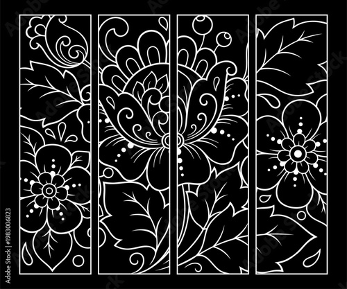Printable bookmark for book - coloring. Set of black and white labels with flower patterns, hand draw in mehndi style. Sketch of ornaments for creativity of children and adults with colored pencils.