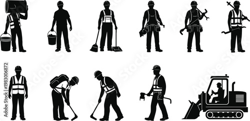 Construction Worker Silhouettes Collection with Tools, Equipment, and Heavy Machinery for Industrial, Labor, and Building Design Use