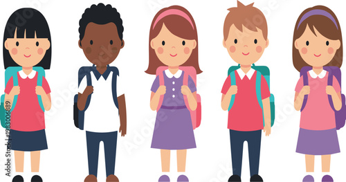 Cute Diverse School Children with Backpacks Standing Together, Multicultural Kids Characters Vector Illustration for Education, Elementary Learning and Back to School Concept.