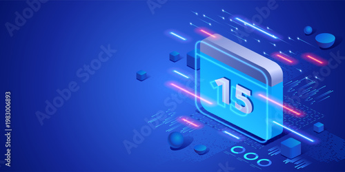 Digital meeting reminder concept with calendar interface and notification technology. Isometric neon illustration scheduling, productivity tools, time planning and modern business workflow.