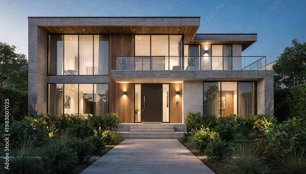 Fototapeta premium Stunning contemporary home exterior with bright windows, elegant outdoor lighting, lush green landscaping, and modern architectural design at twilight