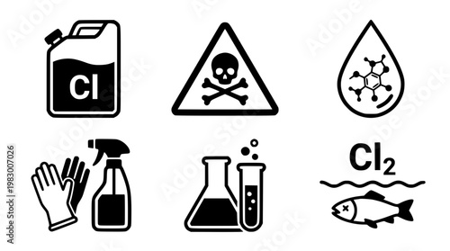 Chlorine hazards and safety measures vector graphic illustration set