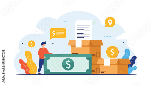 Happy young man standing behind a large banknote next to cardboard boxes symbolizing successful retail sales growth.