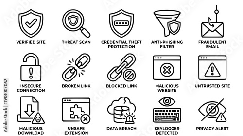 Cybersecurity vector icons for online safety and protection services
