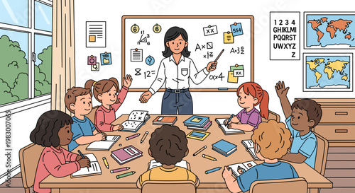 A diverse group of young elementary school students actively participating in a math lesson with their teacher in a bright, well-lit classroom.