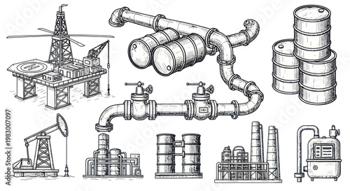 Oil Industry Set: Rig, Pumpjack, Barrels, Pipelines, Refinery, Factory