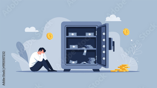 Depressed man sitting on the floor next to an empty open safe representing financial crisis and loss of personal wealth.