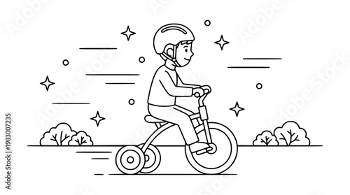 Boy riding tricycle with safety helmet outdoors at night