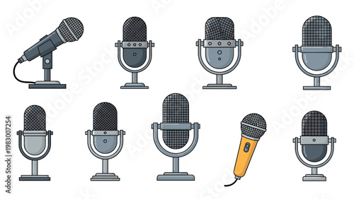 Collection of various professional microphone types for podcasting broadcasting and studio recording in pixel art style.