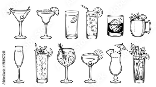 Vector illustration of various cocktail glasses and drinks design
