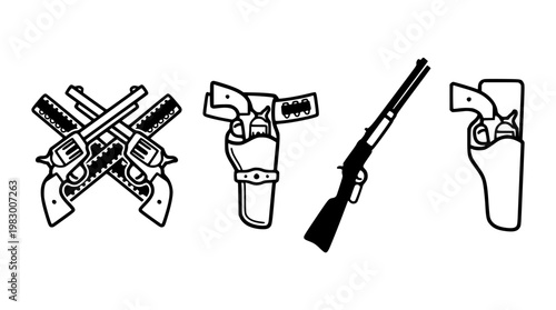 Vector graphic illustration of various firearms and holsters design