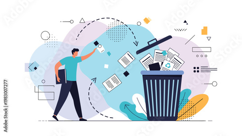 Man throwing away unnecessary documents and papers into a trash bin symbolizing office cleanup and data disposal.