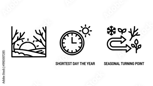 Set of seasonal icons illustrating shortest day of the year and seasonal turning point with solstice shortest seasonal snowflake calendar astronomy transition environment illustration