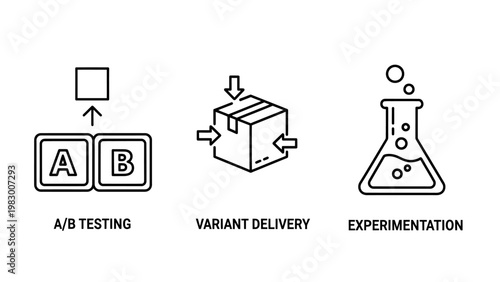 Set of three software development and data experimentation icons with experimentation software development analysis laboratory delivery research optimization business application strategy