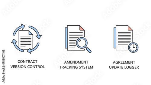 Contract version control and agreement tracking system icons with contract amendment tracking agreement document magnifying revision management business analysis compliance monitoring
