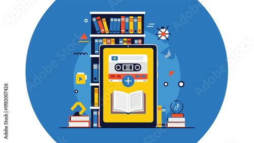 Digital library concept showing a tablet with audio and book icons against a background of books on a shelf.