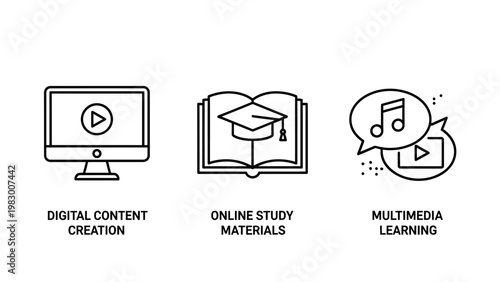 Set of digital education and online learning icons including content creation study materials multimedia learning with e learning education learning multimedia creation materials e-learning