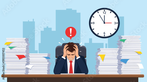 Stressed businessman overwhelmed by heavy workload with massive stacks of papers on his desk under tight deadlines.