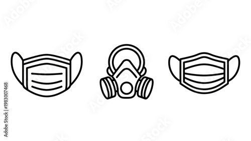 Set of protective face mask icons including medical masks and industrial respirator with respirator protection protective breathing prevention pollution equipment industrial surgical wellness