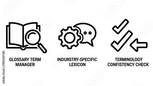 Set of three icons for glossary term management industry lexicon terminology consistency check glossary terminology management consistency business linguistics documentation dictionary