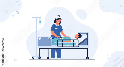 Nurse Caring for Patient in Hospital Bed with IV Drip