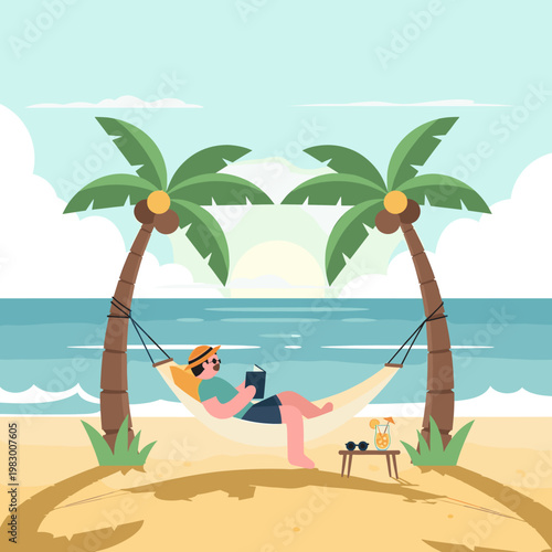 A woman relaxes in a hammock strung between two palm trees on a tropical beach, reading a book.