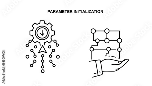 Parameter initialization and neural network connection icons with initialization parameter learning connection algorithm intelligence technology computing automation development structure