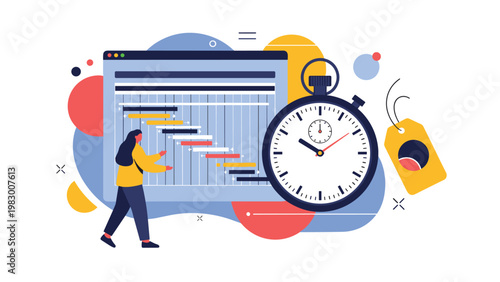 Professional woman manages a project schedule using a Gantt chart and a large stopwatch for efficient time tracking.