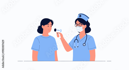 Nurse measures patient's temperature with infrared thermometer, healthcare concept