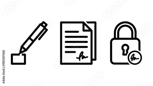 Digital agreement and security signatures icon set with signature document contract security agreement protection business compliance verification authentication transaction approval