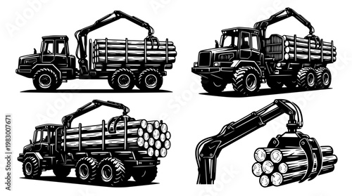 Log trucks with mechanical arms loading timber efficiently always