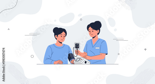 Nurse checking patient's blood pressure with a digital monitor, medical check-up