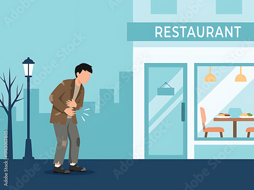Man experiencing stomach pain outside restaurant with food on table and cityscape in background