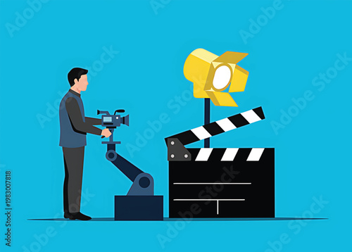 Man filming with a robotic camera next to a clapper board and light on blue background