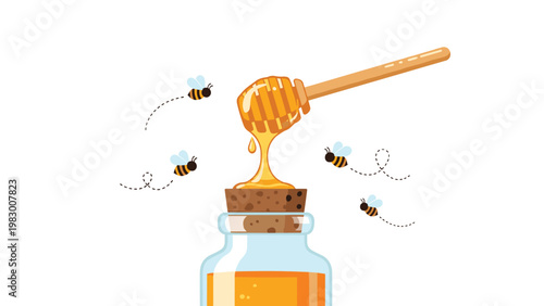 Natural honey production shows a wooden dipper dripping liquid gold into a glass jar with honeybees flying around.