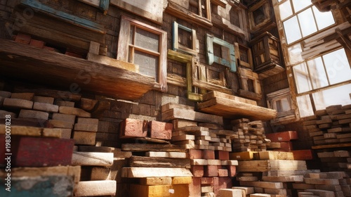 Old wooden window frame stacked on brick wall inside rustic barn. Collection of abandoned timber material and vintage casement for restoration project. Interior artisan workshop background.