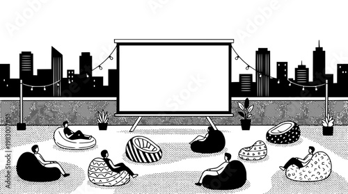 Group of people sitting on bean bags watching a projector