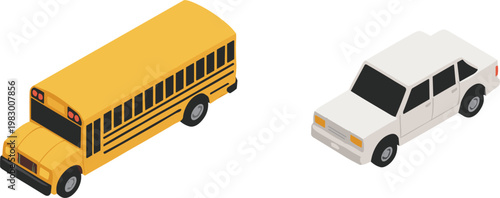Isometric school bus and car set, urban transport vehicles, modern vector illustration isolated design