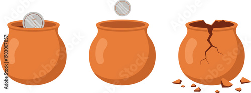 Clay Pot Breaking Sequence with Coins, Cartoon Illustration of Savings, Investment, and Risk Concept for Finance Design