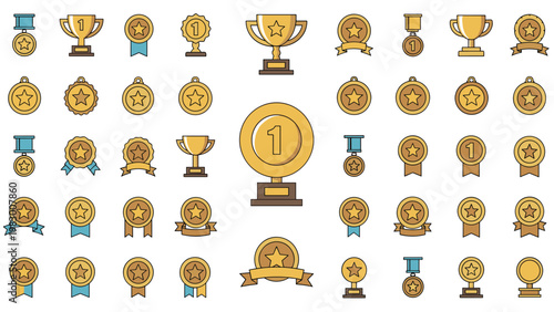 Extensive gold award icon set features various medals, trophies, and ribbons for recognizing success and victory.