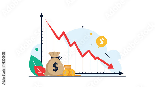 Financial loss and economic downturn are shown with a sharp red arrow descending over a large bag of money and coins.