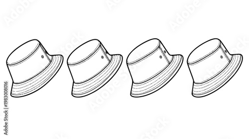 Four identical bucket hats in a vector illustration design