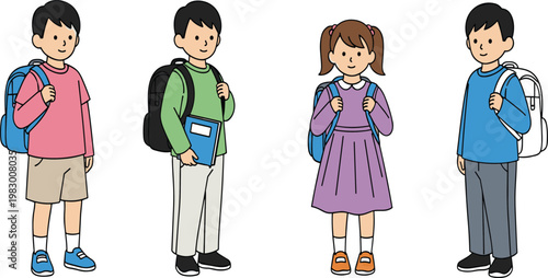 Cute School Children with Backpacks Standing Together, Happy Kids Characters in Casual Outfit Vector Illustration for Education, Elementary School and Learning Concept.