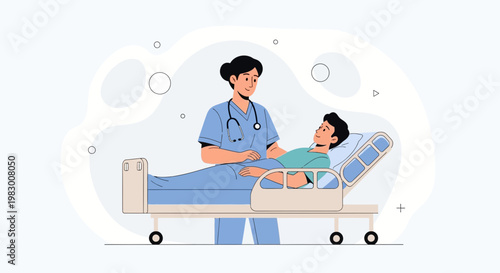 Nurse caring for patient in hospital bed, healthcare illustration