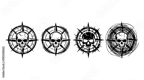 Four black and white skulls with crosshair targets design