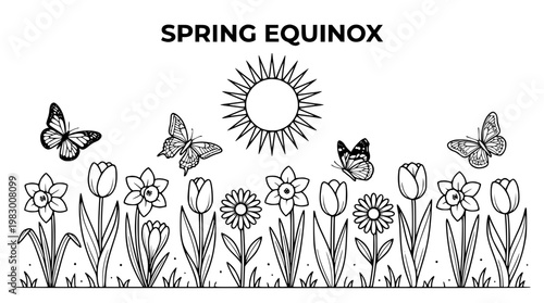 Spring equinox vector illustration with flowers and butterflies